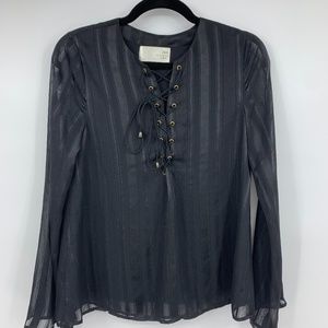 JOA Womens small blouse bell sleeves lace up front shimmery‎ black Flowy